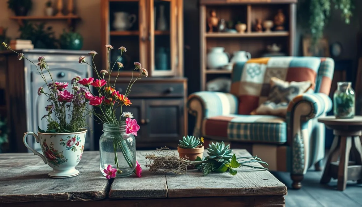 Rustikaler Wohnraum mit Holztisch, darauf bunte Blumen und Sukkulenten, im Hintergrund ein gemütlicher Patchwork-Sessel.