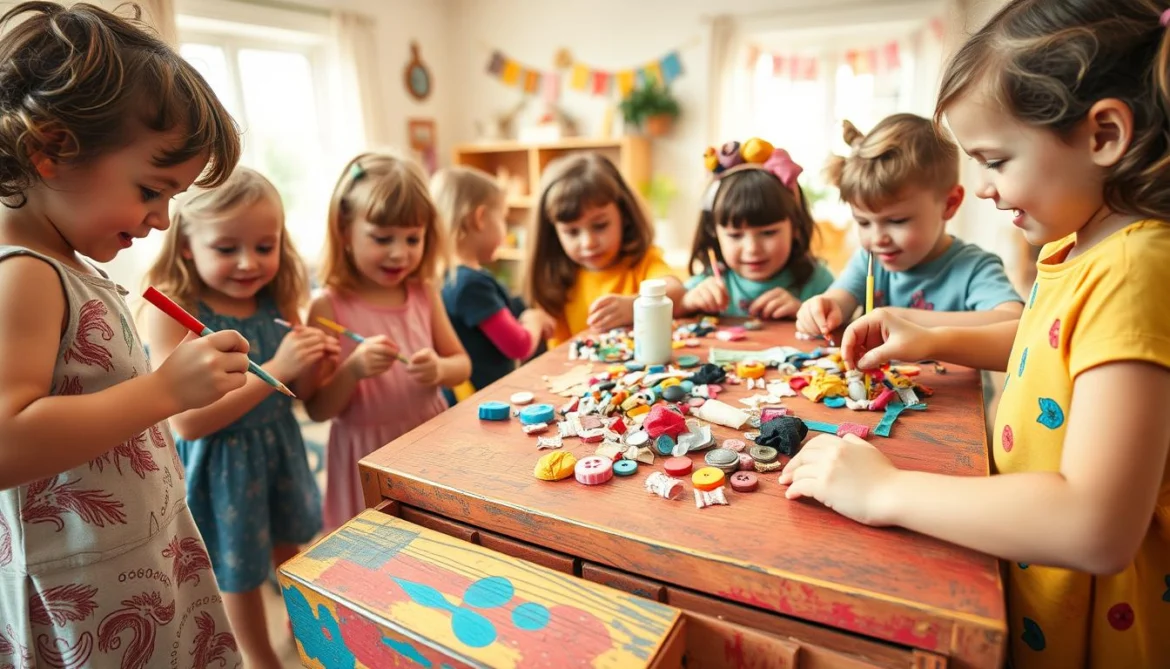 Eine Gruppe von Kindern, die an einer Bastelarbeit an einem Tisch arbeiten, umringt von bunten Materialien und in einer festlichen Atmosphäre.