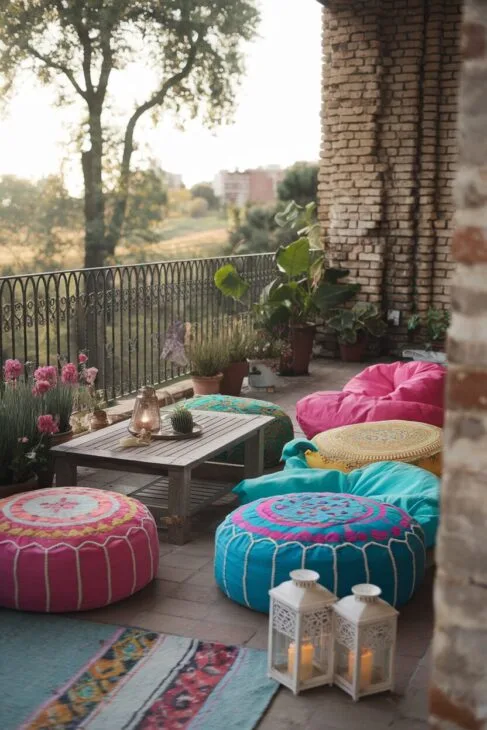 Gemütliche Sitzsäcke auf einem Balkon im Boho Style.