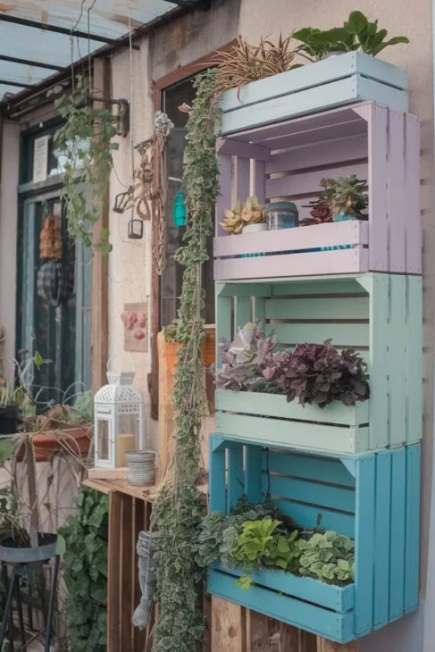 Bemalte Kisten als Behälter für Blumentöfe