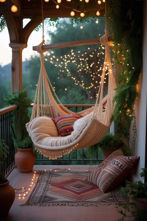 Hängesessel auf einem Boho Balkon mit Lichterketten und Pflanzen.
