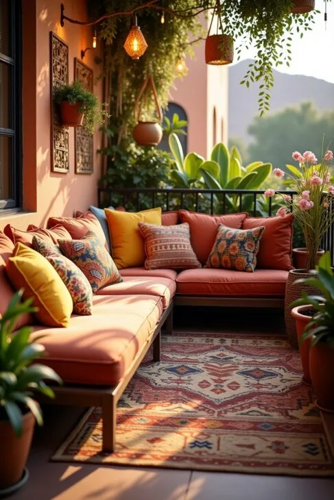 Gemusterte Kissen und Teppiche auf einem Boho Balkon im entspannten Stil.