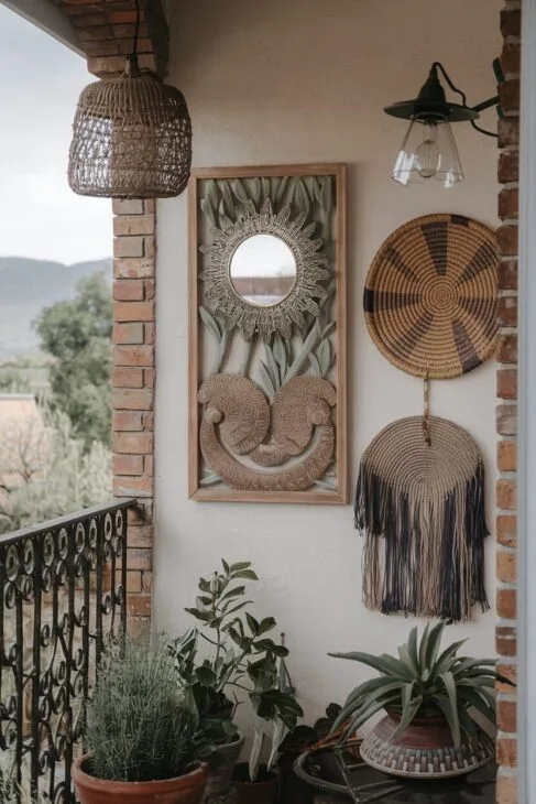 Wanddekoration auf einem Boho Balkon mit Holz- und Metallkunst.