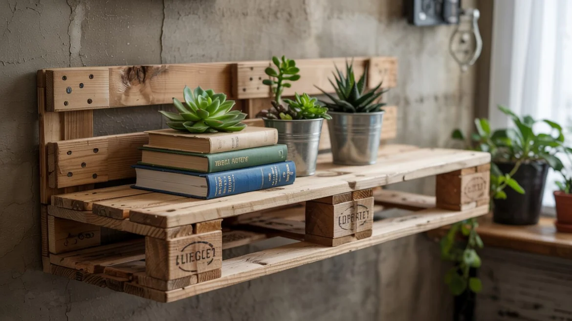 Möbel-Upcycling: aus Holzpalette gebautes Industrie-Regal mit Büchern und Sukkulenten-Dekor.