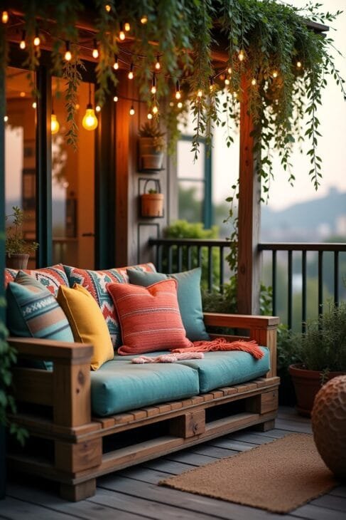 Boho Balkon mit DIY Palettenmöbeln und bunten Kissen im Boho Style.