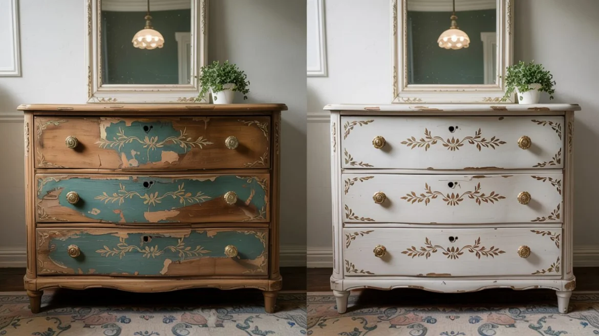 DIY Upcycling: Vintage-Kommode verwandelt – von verwittert zu shabby-chic mit Golddekor und neuen Griffen.