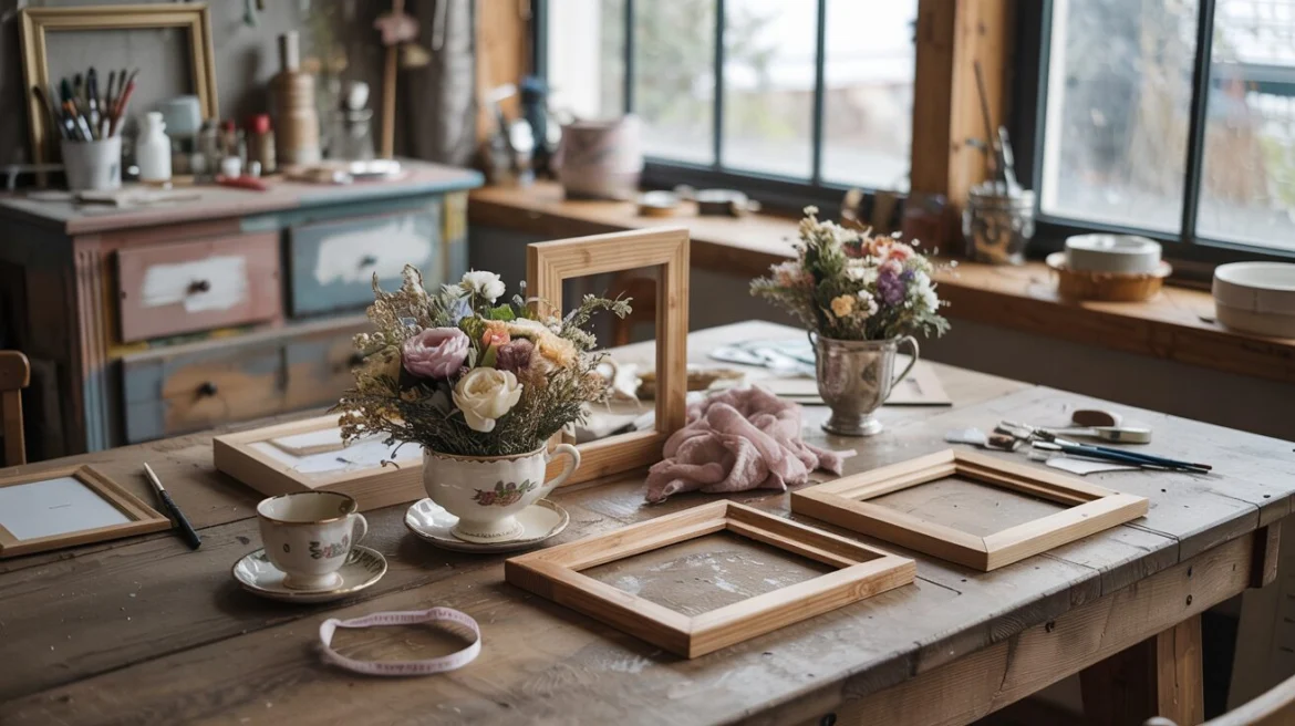 DIY-Werkstatt mit kaffeegealterten Bilderrahmen, Blumen in Teetassen und Shabby-Chic-Kommode