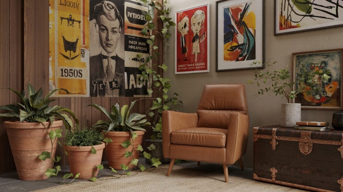 Eclectic-Wohnzimmer: Mid-Century Sessel, vintage Lederkoffer und Mischung aus Retro-Kunst und modernen Pflanzenarrangements