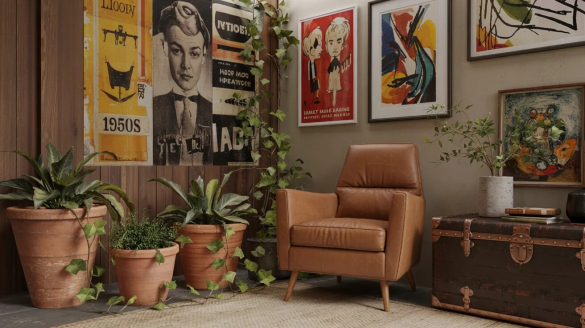 Eclectic-Wohnzimmer: Mid-Century Sessel, vintage Lederkoffer und Mischung aus Retro-Kunst und modernen Pflanzenarrangements