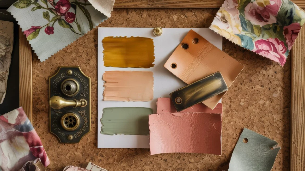Farbmoodboard mit Milchfarben, gegerbtem Leder und floralen Stoffen für Nostalgie-Deko