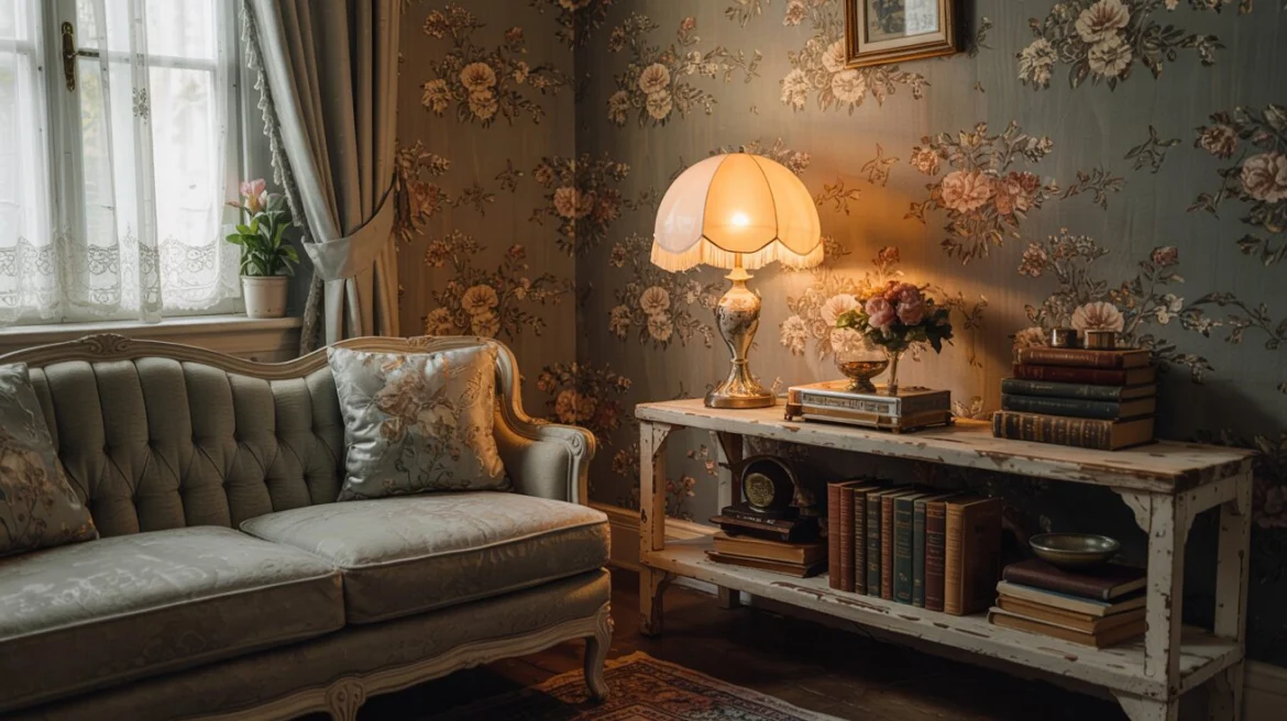 Gemütliches Wohnzimmer mit Vintage-Tapeten, Holzregalen, samtgrünem Sofa und Spitzenvorhängen im warmen Licht