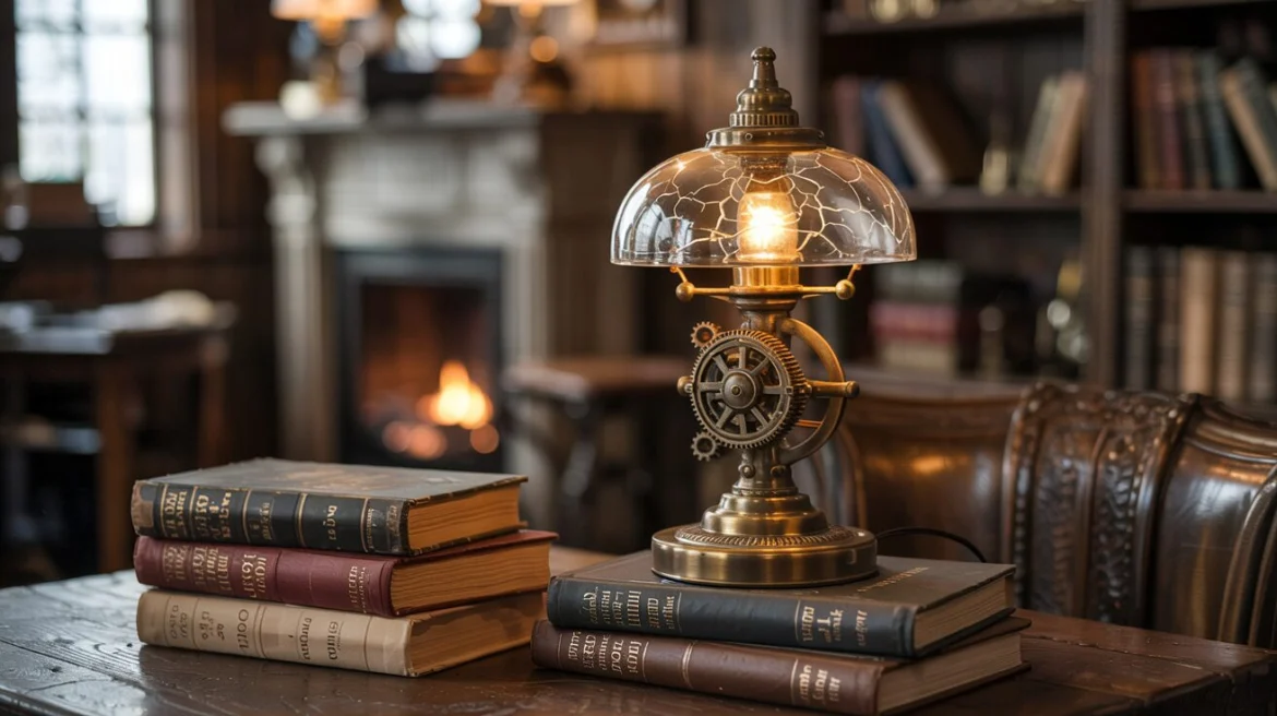 Künstlich patinierte Tischlampe mit Glasfassung auf antiken Büchern im warmen Amberlicht