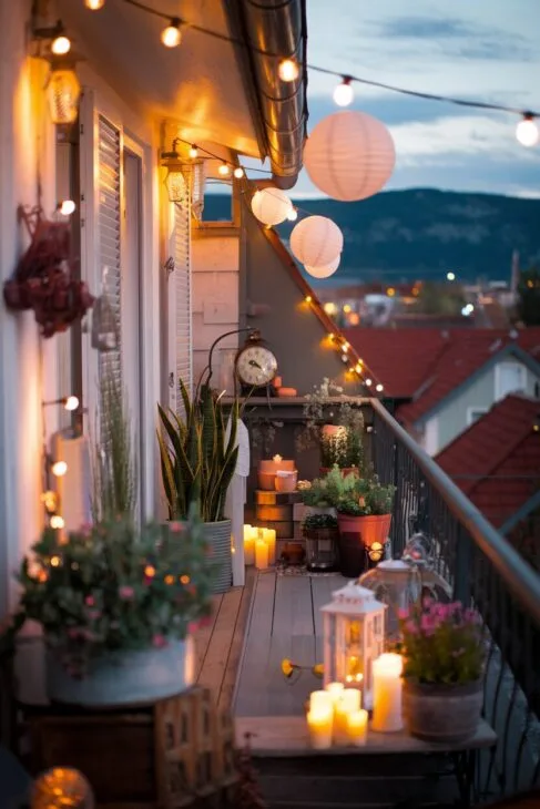 Boho Balkon Dekoration mit Lichterketten und Laternen für gemütliche Abende.