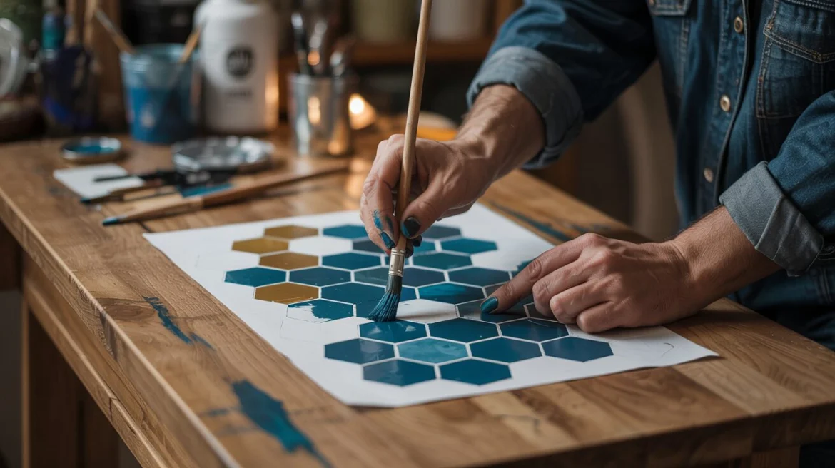 Vintage DIY: Kreative Gestaltung mit Schablonen und Acrylfarbe für ein Upcycling-Möbelstück.