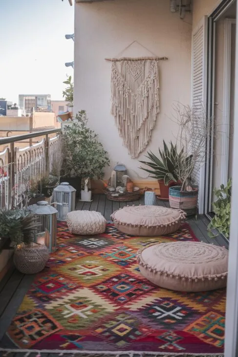 Ethno-Teppich auf einem Boho Balkon mit Sitzkissen und niedrigem Tisch.
