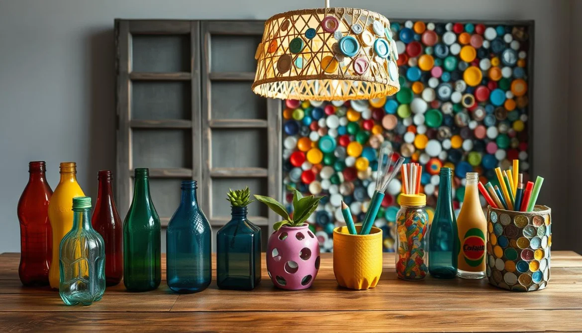 Bunte PET-Flaschen und ein Lampenschirm aus Flaschendeckeln als Upcycling-Deko auf einem Tisch.