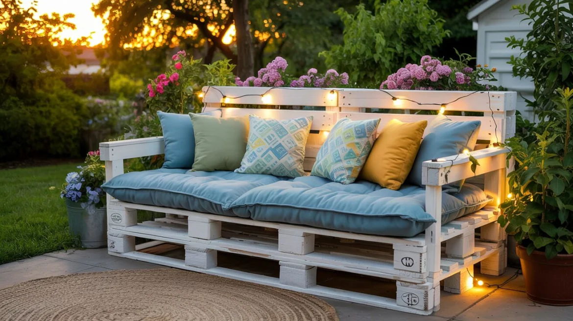DIY Upcycling: Gartenmöbel aus Europaletten mit Kissen und Lichterkette für gemütliche Abende.