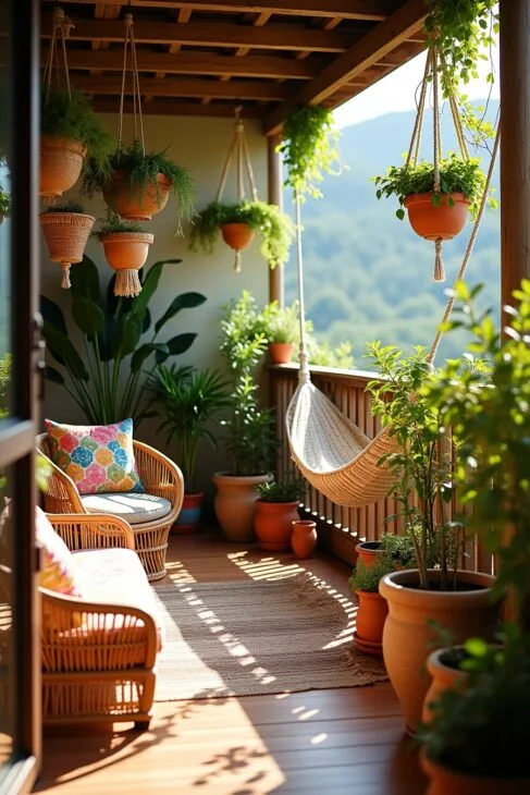 Boho Balkon mit üppigen Pflanzen und Makramee-Hängetöpfen im Boho Style.