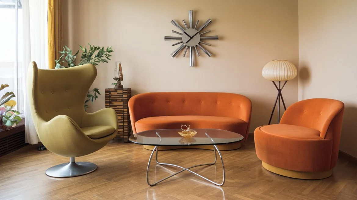 Ikonische Möbel der 70er: Avocadogrüner Eiersessel, geschwungenes orangefarbenes Sofa und Glas-Couchtisch mit Chrombeinen. Dazu eine retro Wanduhr im Sonnenstrahlen-Design.