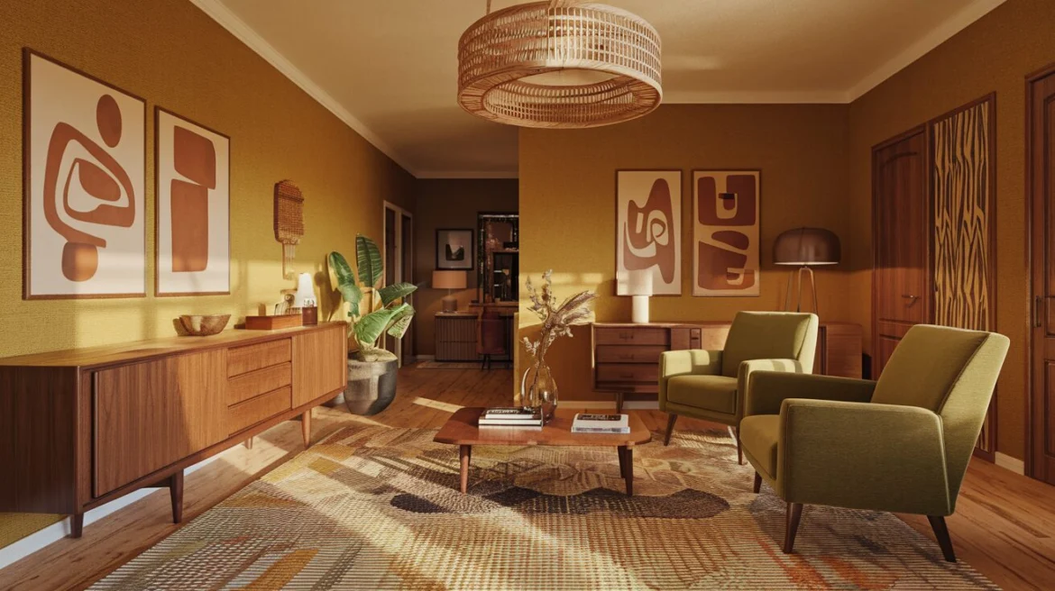 Wohnzimmer im 70er-Jahre-Stil mit Senfgelb-Wänden, olivgrünen Sesseln, Teakholz-Kommode und abstrakter Wandkunst. Ein gemusterter Teppich und eine Rattan-Pendelleuchte runden das Design ab.