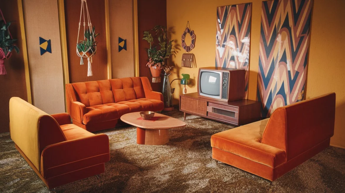 Ein Retro-Wohnzimmer der 70er Jahre mit orangefarbenem Samtsofa, psychedelischen Mustern, Schaggteppich und Vintage-Fernseher. Warme Beleuchtung und Makramé-Pflanzenampeln unterstreichen den Zeitgeist.