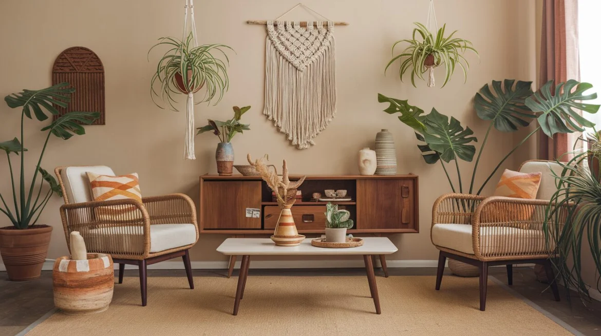 Retro-Wohnzimmer mit Rattansesseln, hängenden Grünpflanzen, Makramé-Wanddekoration und Terrakotta-Blumentopf. Natürliche Materialien und erdfarbene Textilien betonen den Naturbezug der 70er Jahre.