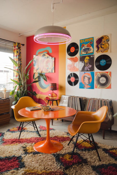 Retro Zimmer mit knalligen Farben und Designklassikern – perfekt für eine ästhetische Traumwohnung im Vintage-Modern-Stil.