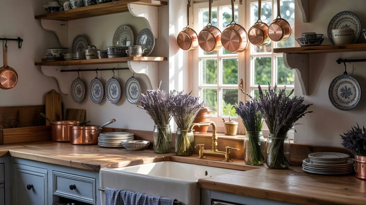 Landhausküche mit blau-weißer Keramik, Kupfertöpfen und Lavendel-Dekoration in Einmachgläsern