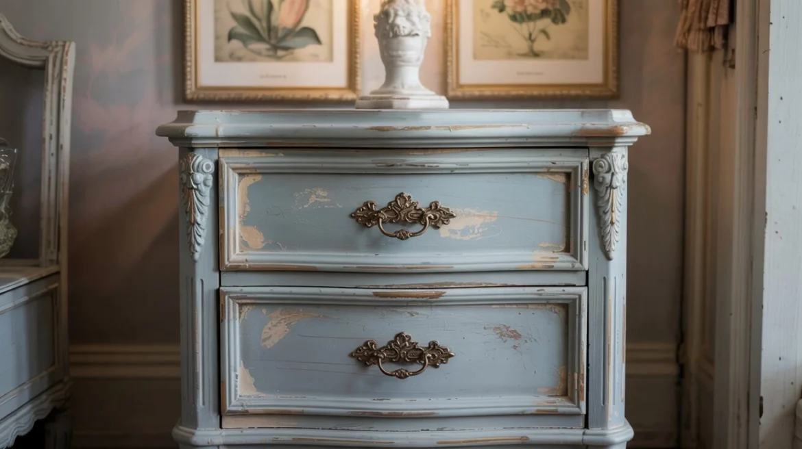 Möbel Upcycling: Vintage-Nachttisch in Pastellblau mit vergoldeten Griffen und verwitterter Optik.
