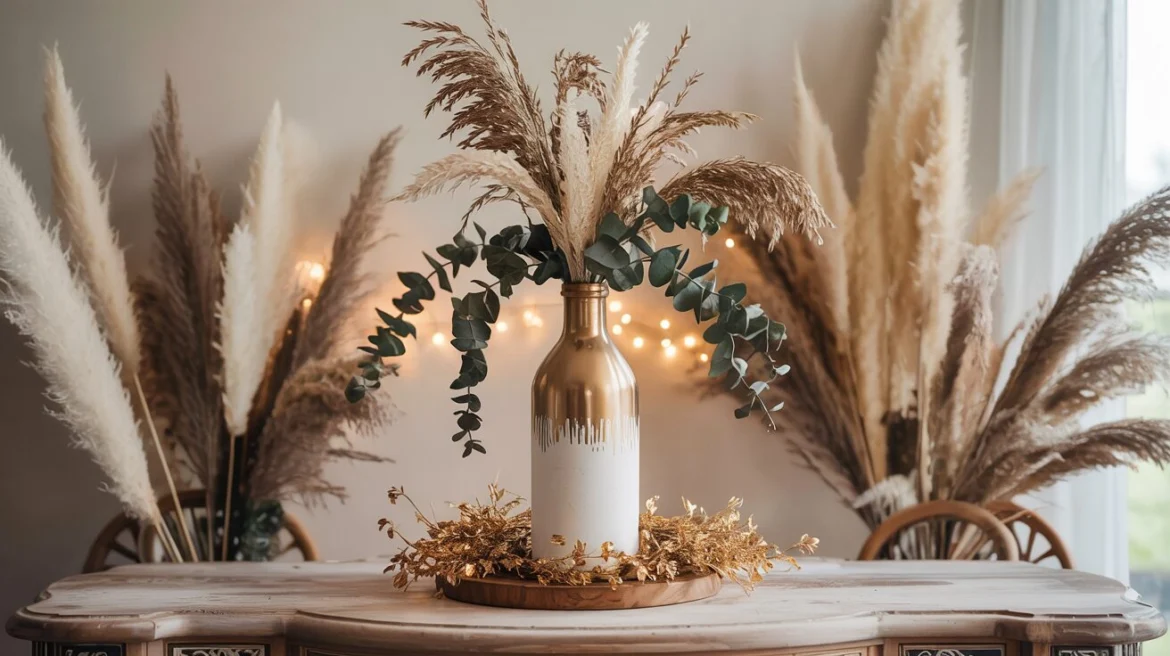 Retro Möbel-Deko: Upcycling-Anleitung für eine boho Vase aus geschnittener Weinflasche mit Goldakzenten.
