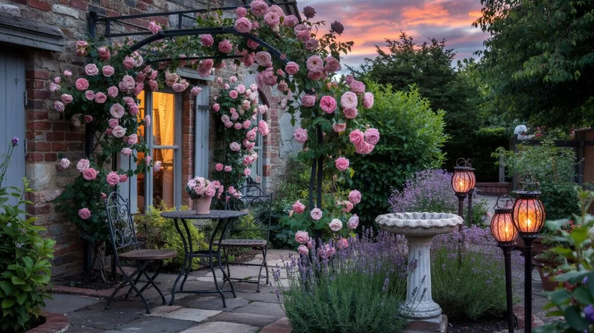 Cottage-Garten mit Schmiedeeisen-Möbeln, Steinvogelbad und viktorianischen Solarlaternen im Abendlicht
