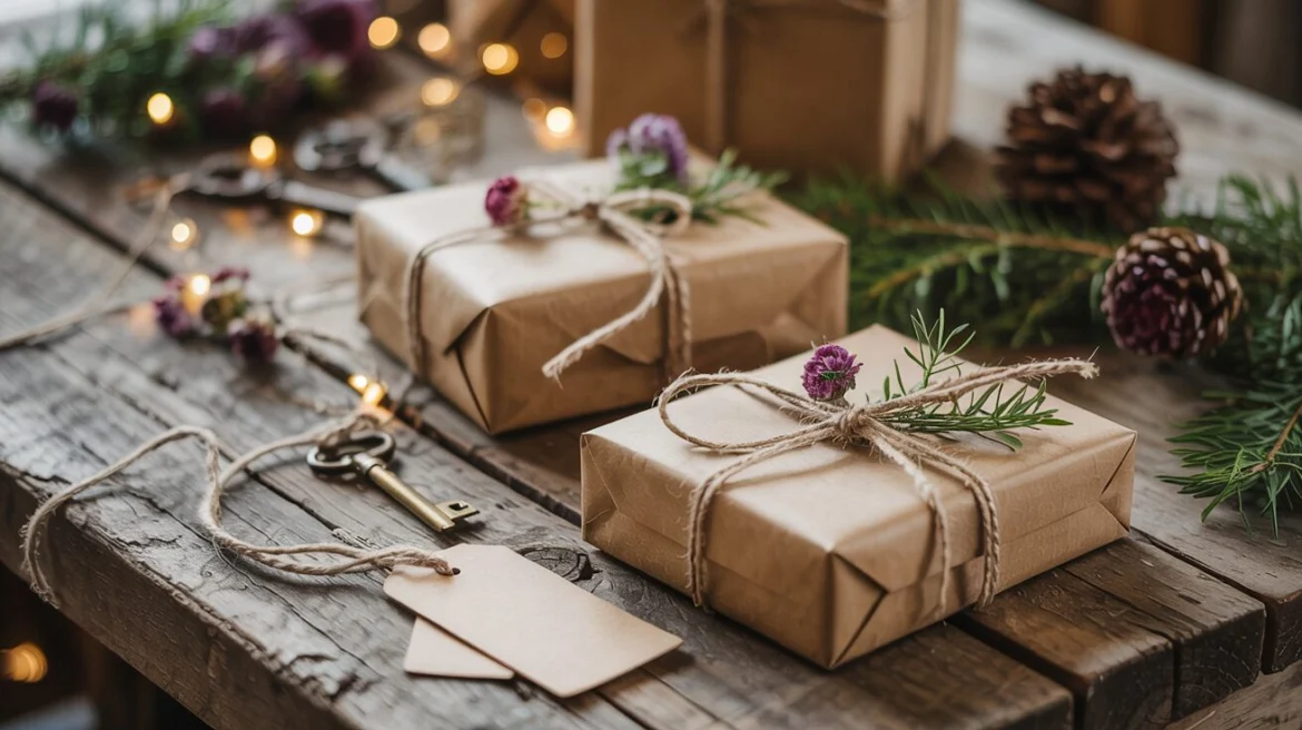 Vintage-Geschenkverpackung mit Packpapier, Jutegarn und getrockneten Blumen auf rustikalem Holz
