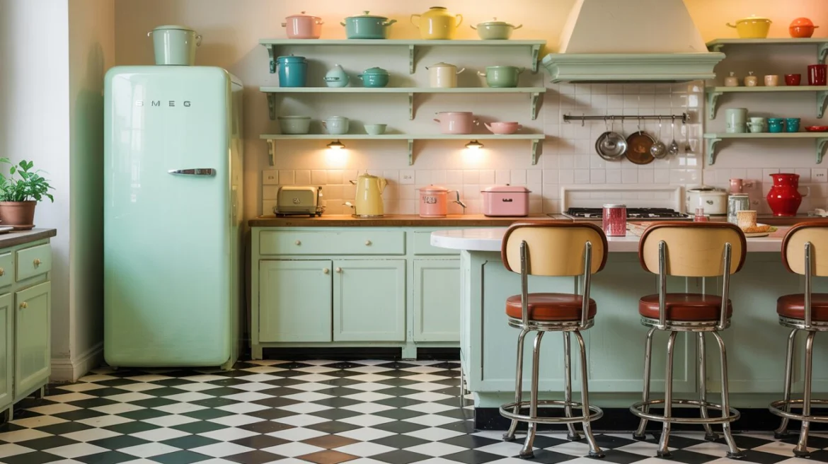Retro-Küche mit mintgrünem Kühlschrank, Pastell-Emaille-Geschirr und Schachbrett-Fliesenboden