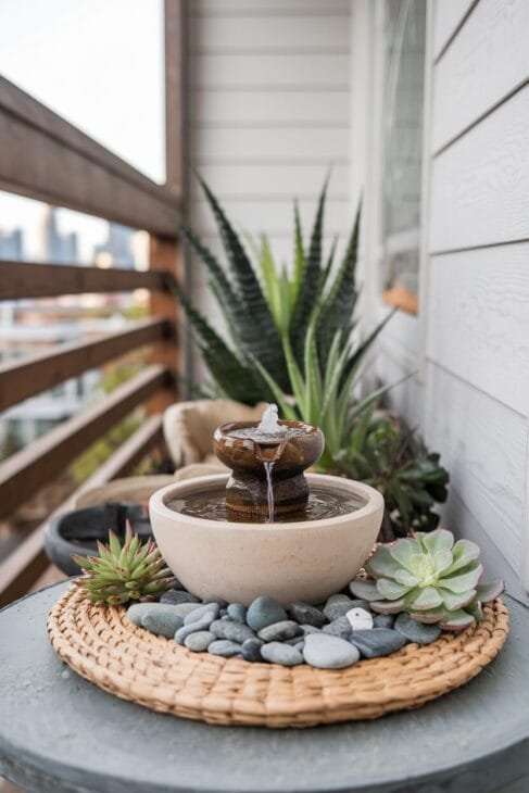 Mini-Wasserfeature auf einem Boho Balkon mit Sukkulenten und Steinen.