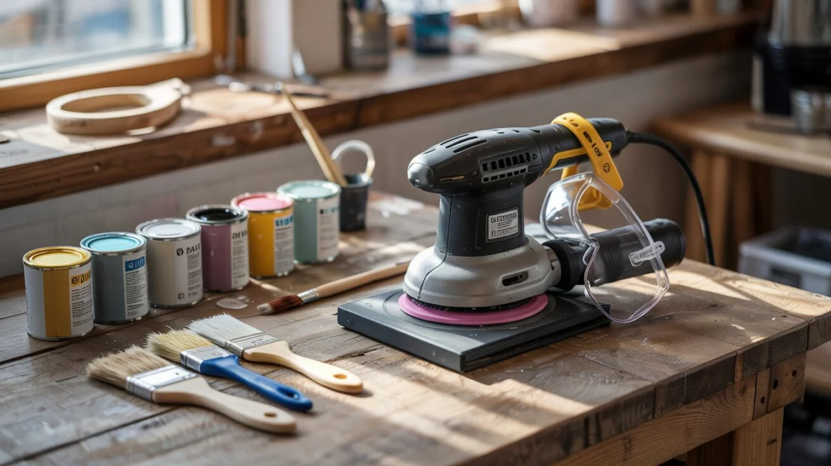 DIY Upcycling-Werkstatt: Organisierte Vorbereitung mit Schleifmaschine, Farben und Sicherheitsausrüstung.