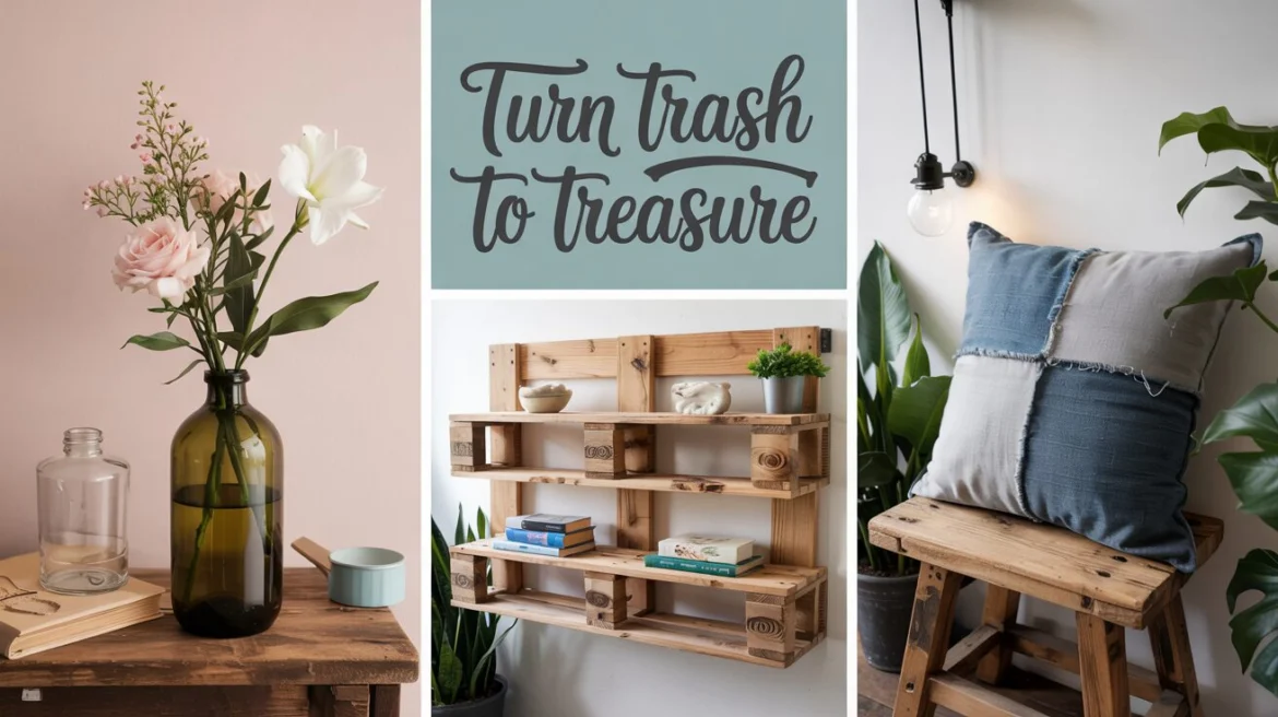 Upcycling-Inspiration: Collage aus DIY-Projekten wie Jeans-Tasche, Spiegeldeko und Retro-Möbeln.