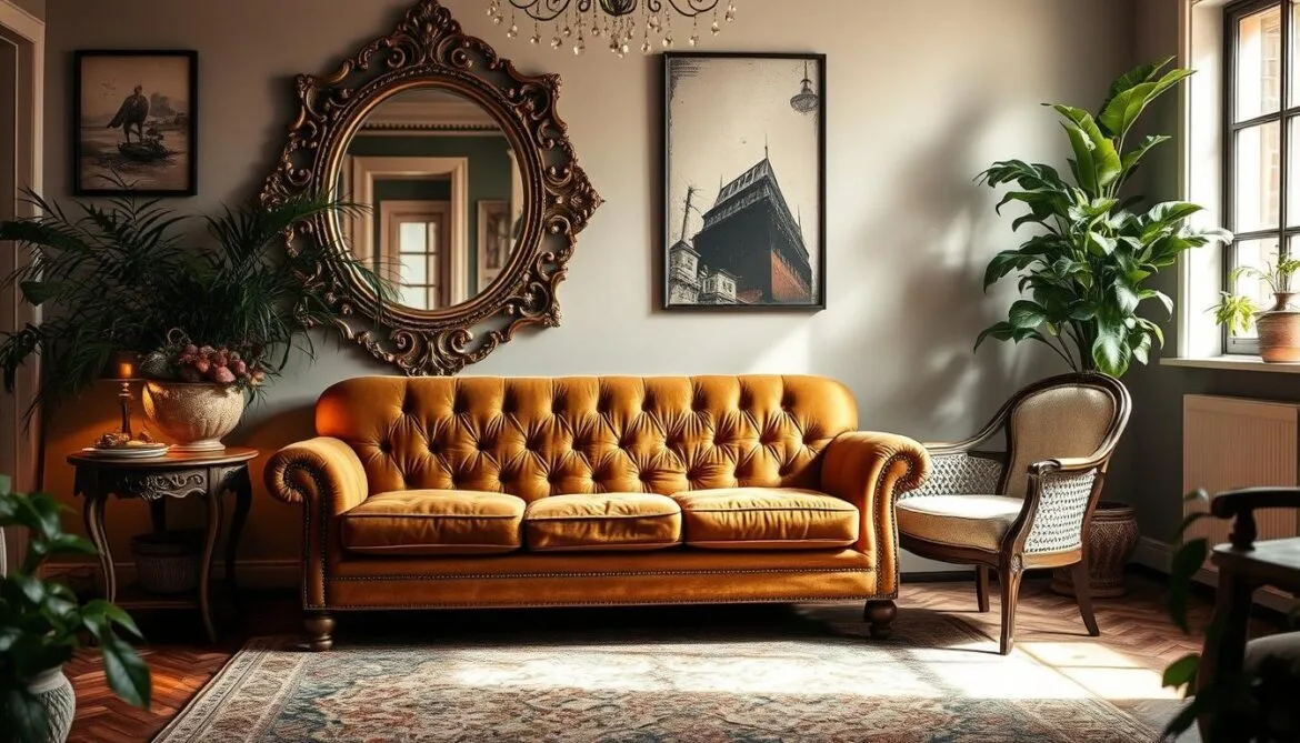 Schlichtes Polstermöbel, das im Vintage-Stil für gemütlichen Charme sorgt.