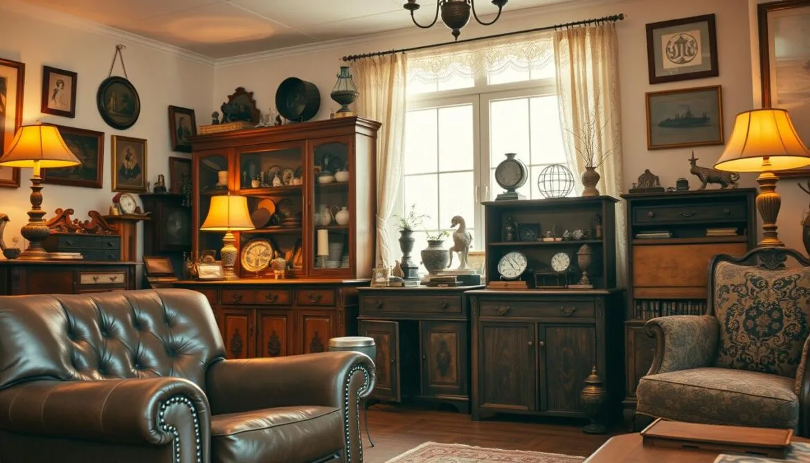 Detailaufnahme antiker Möbelstücke und dekorativer Elemente im Vintage-Stil.