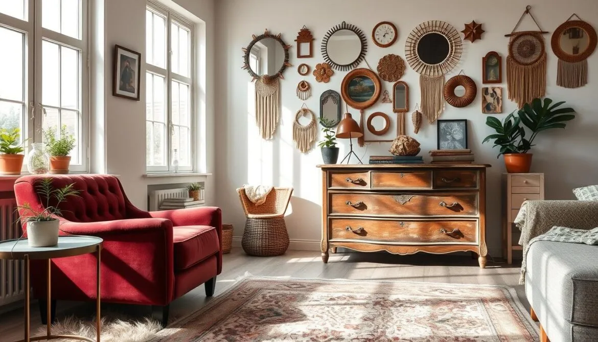 Kreative Verbindung von antiken Möbelstücken und modernen Wohnaccessoires, die einen einzigartigen Vintage-Look präsentieren.