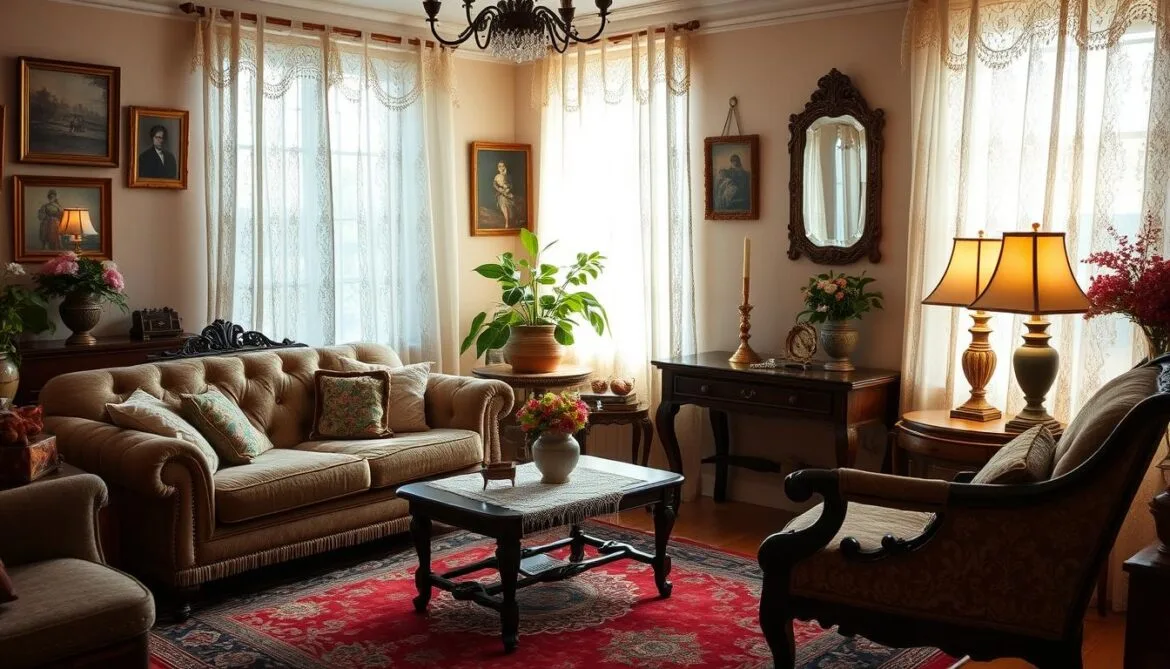 Gemütliches Wohnzimmer im Vintage-Stil mit warmen Farbakzenten in Senfgelb und Rostbraun und ausgewählten Retro-Möbeln.