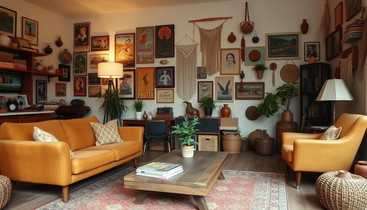 Retro-Möbel und dekorative Wandakzente, die den Charme vergangener Zeiten in einem modernen Interieur hervorheben.