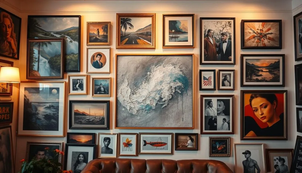 Retro‑Wandgestaltungsidee: Kreativ gestaltete Wand mit einzigartigen Retro‑Postern und Kunstwerken im nostalgischen Flair
