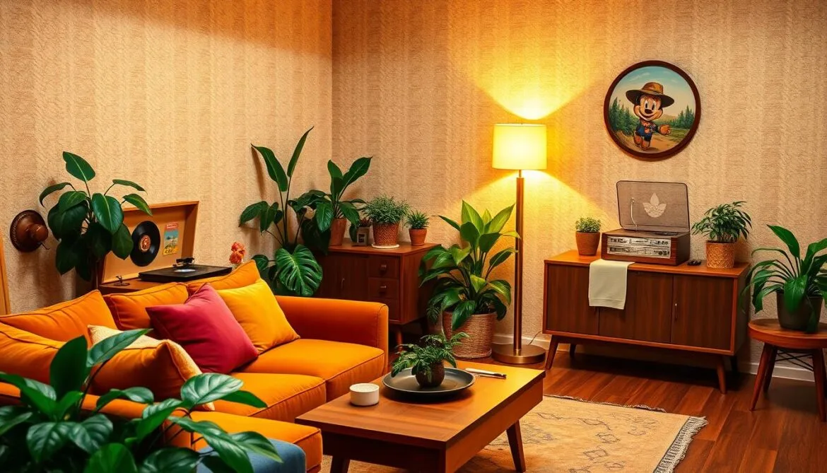 Retro‑Wandgestaltungsidee: Geometrische Tapete im Retro‑Stil mit lebendigen Farben, die an klassische Vintage‑Designs erinnert.