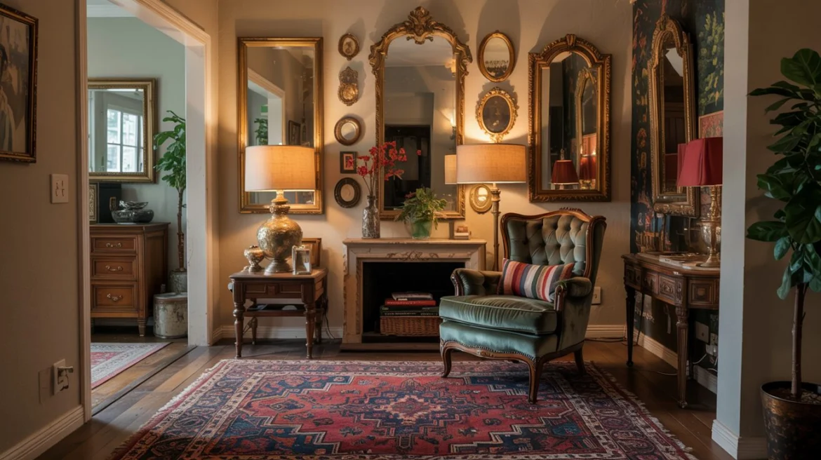 Wohnzimmer-Transformation mit Perserteppich, antiken Spiegeln und Mid-Century-Sessel im Abendlicht