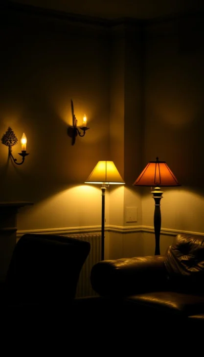 A cozy, dimly lit living room bathed in a warm, vintage-inspired glow. Soft, amber-hued lamps cast a gentle, inviting light, creating a serene and intimate atmosphere. Antique-style sconces flicker on the walls, their flickering flames adding to the nostalgic ambiance. In the corner, a classic floor lamp with a retro-inspired shade casts a soft, diffused light across the room. Plush, velvet armchairs and a distressed leather sofa invite you to sink in and unwind in this tranquil, time-honored setting.