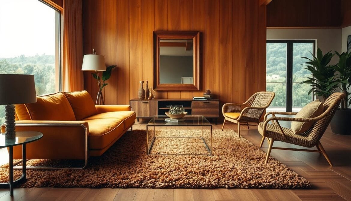 Retro-Wohnzimmer mit warmen Holzwänden, orangefarbenem Sofa und Rattan-Sesseln. Ein flauschiger Hochflorteppich und Mid-Century-Möbel runden das Design ab.