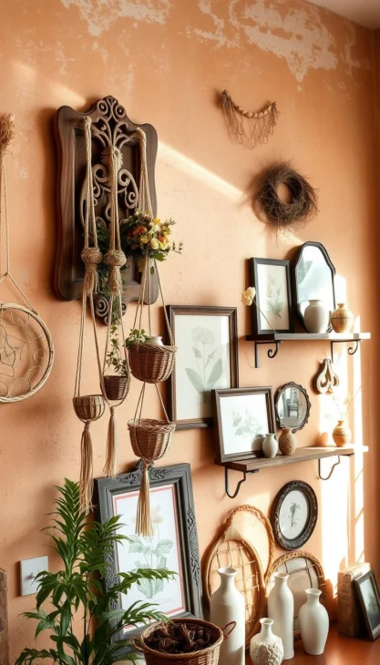A vintage-inspired DIY wall decor scene, featuring an arrangement of various rustic and natural elements. In the foreground, a wall-mounted wooden plaque with intricate carving details. Hanging from it, a collection of macrame plant hangers, dried floral bunches, and small woven baskets. In the middle ground, an eclectic mix of framed botanical prints, vintage-style mirrors, and shelves displaying ceramic vases and figurines. The background is a warm, textured plaster wall with hints of soft, earthy tones. Natural lighting filters in, casting gentle shadows and highlights across the composition. The overall mood is cozy, inviting, and reflective of a carefully curated vintage-inspired interior space.