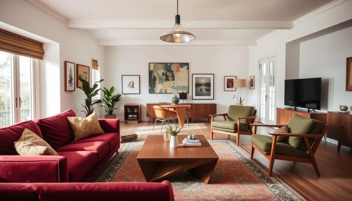 Stilvolles Mid-Century-Wohnzimmer mit roten und olivgrünen Polstermöbeln, Holzmöbeln und moderner Wandkunst. Große Fenster sorgen für viel Licht.