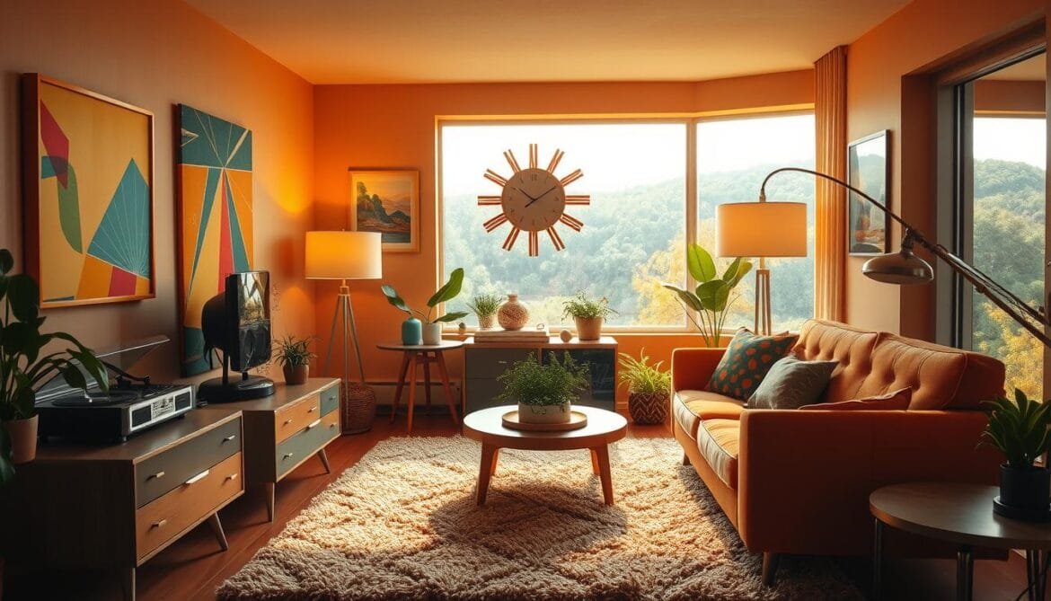 A charmingly retro living room from the vibrant 1960s, bathed in warm, golden light. Sleek midcentury modern furnishings in bold, geometric patterns and vibrant hues like tangerine, avocado, and turquoise create a playful, experimental atmosphere. The focal point is a stylish sunburst wall clock, surrounded by groovy abstract wall art, potted plants, and a vintage record player. Shag carpeting, oversized floor lamps, and a plush, tufted sofa evoke the free-spirited, liberated mood of the era. The large picture window offers a glimpse of a lush, verdant landscape outside, completing the retro-futuristic ambiance. Ein charmantes Retro-Wohnzimmer aus den pulsierenden 1960er Jahren, das in warmes, goldenes Licht getaucht ist. Schlichte, moderne Möbel aus der Mitte des Jahrhunderts in kühnen, geometrischen Mustern und leuchtenden Farben wie Mandarine, Avocado und Türkis schaffen eine verspielte, experimentelle Atmosphäre. Im Mittelpunkt steht eine stilvolle Wanduhr mit Sonnenschliff, umgeben von grooviger abstrakter Wandkunst, Topfpflanzen und einem alten Plattenspieler. Zottelteppiche, übergroße Stehlampen und ein plüschiges, getuftetes Sofa erinnern an die freigeistige, befreite Stimmung dieser Zeit. Das große Panoramafenster gibt den Blick auf eine üppige, grüne Landschaft frei und vervollständigt das retro-futuristische Ambiente.