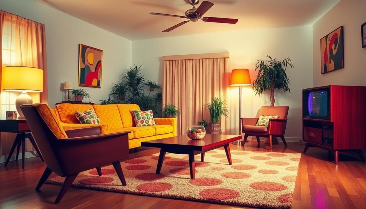 A cozy 1950s living room bathed in warm, soft lighting. A classic mid-century modern sofa in a vibrant, cheerful fabric dominates the foreground, flanked by a pair of sleek, angled armchairs. A low, teak coffee table sits atop a plush, patterned area rug. The walls are adorned with abstract art and a vintage television set sits proudly in the corner. Potted plants and a lava lamp add pops of color and character, evoking the nostalgic charm of the era. The overall scene radiates a sense of comfort, style, and timeless elegance. Ein gemütliches Wohnzimmer aus den 1950er Jahren, das in warmes, weiches Licht getaucht ist. Ein klassisches modernes Sofa aus der Mitte des Jahrhunderts in einem lebhaften, fröhlichen Stoff dominiert den Vordergrund, flankiert von einem Paar schlanker, schräger Sessel. Ein niedriger Couchtisch aus Teakholz steht auf einem plüschigen, gemusterten Vorleger. Die Wände sind mit abstrakter Kunst verziert, und in der Ecke steht stolz ein alter Fernseher. Topfpflanzen und eine Lavalampe setzen farbliche und charakterliche Akzente und erinnern an den nostalgischen Charme der damaligen Zeit. Die gesamte Szene strahlt ein Gefühl von Komfort, Stil und zeitloser Eleganz aus.